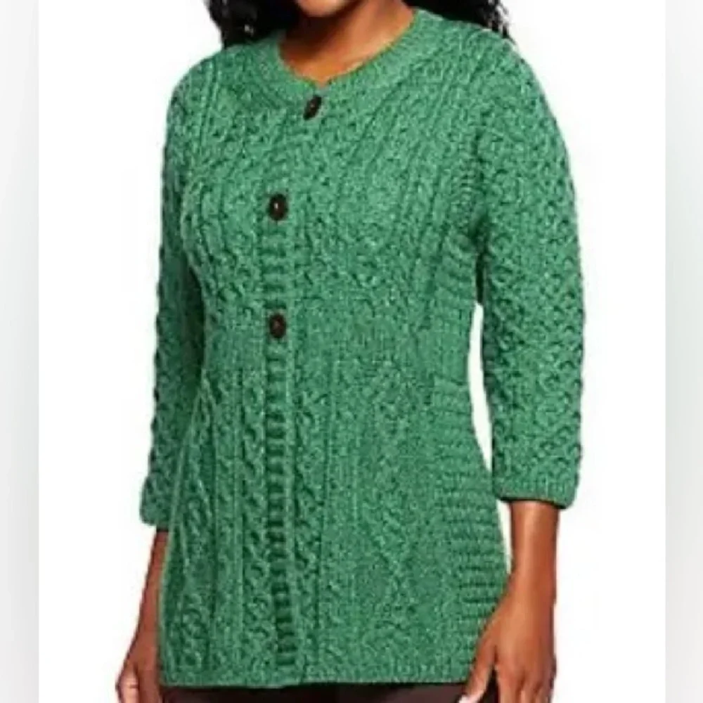 Irish Wool Cable Knit Green Cardigan Sweater - Picture 16 of 17
